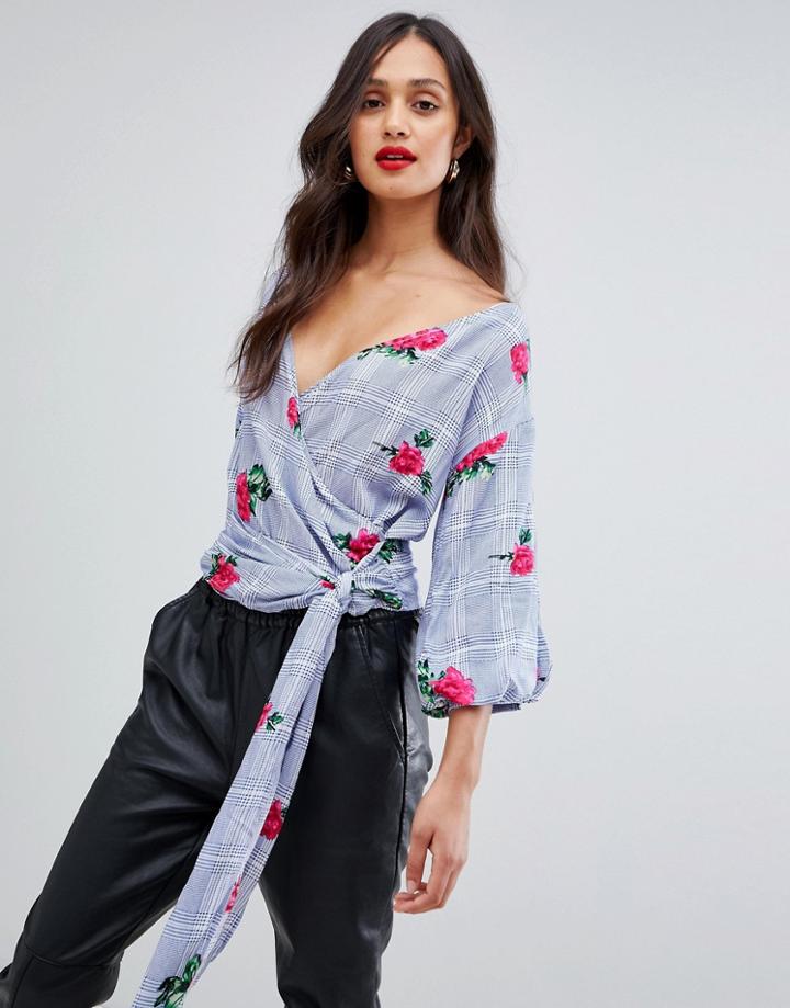 Ax Paris Tie Front 3/4 Sleeve Top In Rose Print - Blue