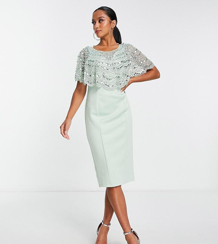 Asos Design Petite Midi Dress With Embellished Cape Detail In Mint-green