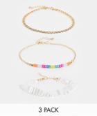 Asos Design Pack Of 3 Anklets With Bead, Pearl And Chain In Gold Tone