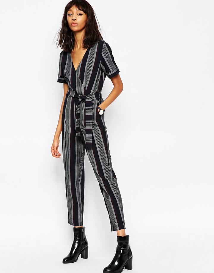 Asos Premium Stripe Jumpsuit With Wrap - Multi