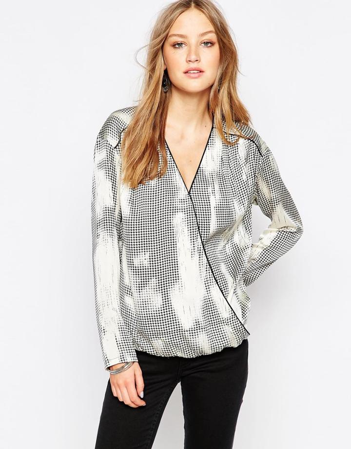 See U Soon Wrap Front Blouse In Distressed Dogtooth Print - Black