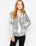 See U Soon Wrap Front Blouse In Distressed Dogtooth Print - Black