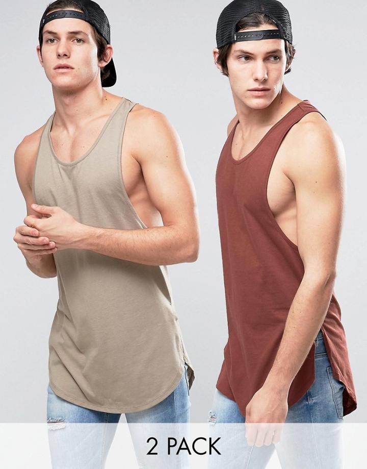 Asos Super Longline Tank With Step Hem And Extreme Racer Back 2 Pack -