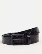 Asos Design Slim Belt In Black Faux Leather With Embossing And Matte Black Buckle