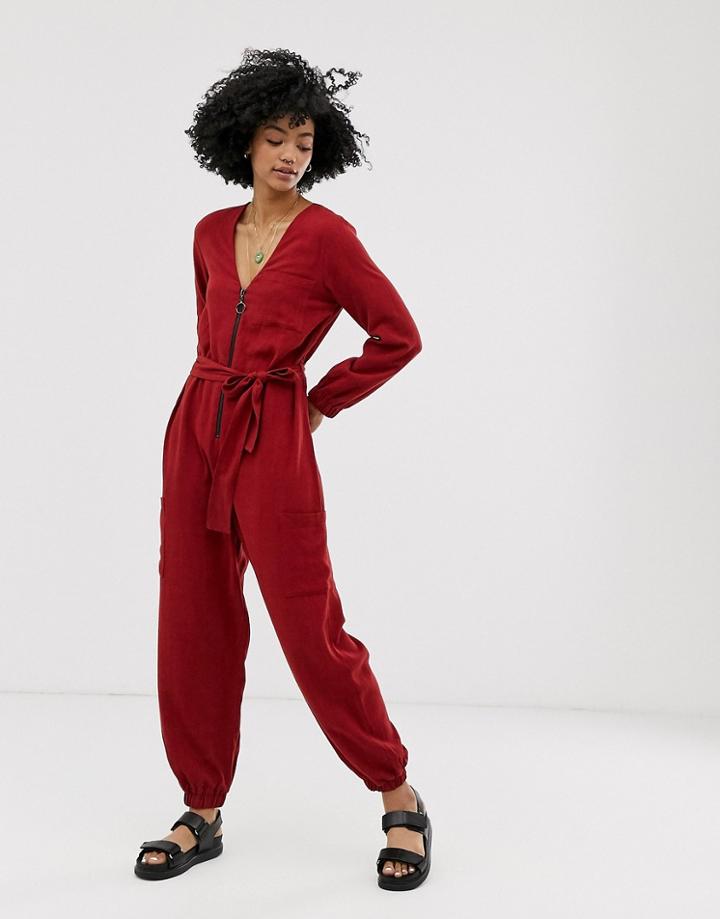 Asos Design Zip Front Tie Waist Boilersuit With Pockets - Red