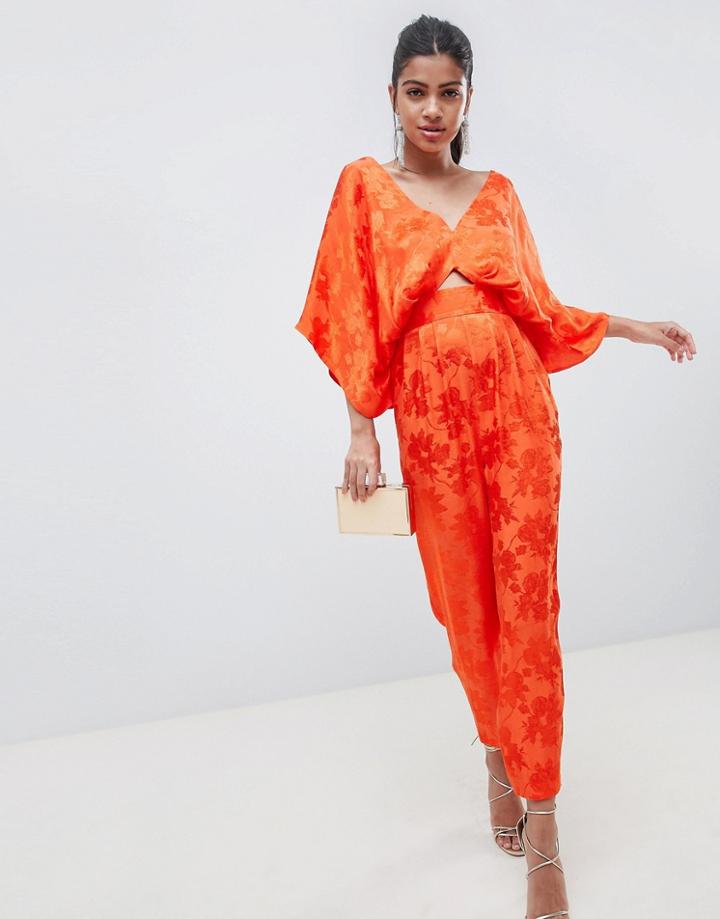 Asos Design Jumpsuit With Kimono Sleeve And Cut Out Detail In Jacquard - Multi