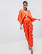 Asos Design Jumpsuit With Kimono Sleeve And Cut Out Detail In Jacquard - Multi