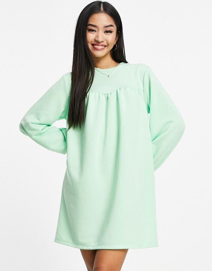 Miss Selfridge Gathered Yoke Sweatshirt Dress In Bright Green