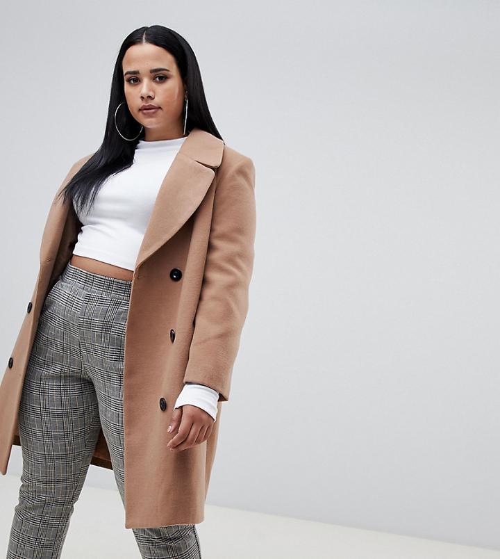 Boohoo Plus Double Breasted Wool Coat In Camel - Beige
