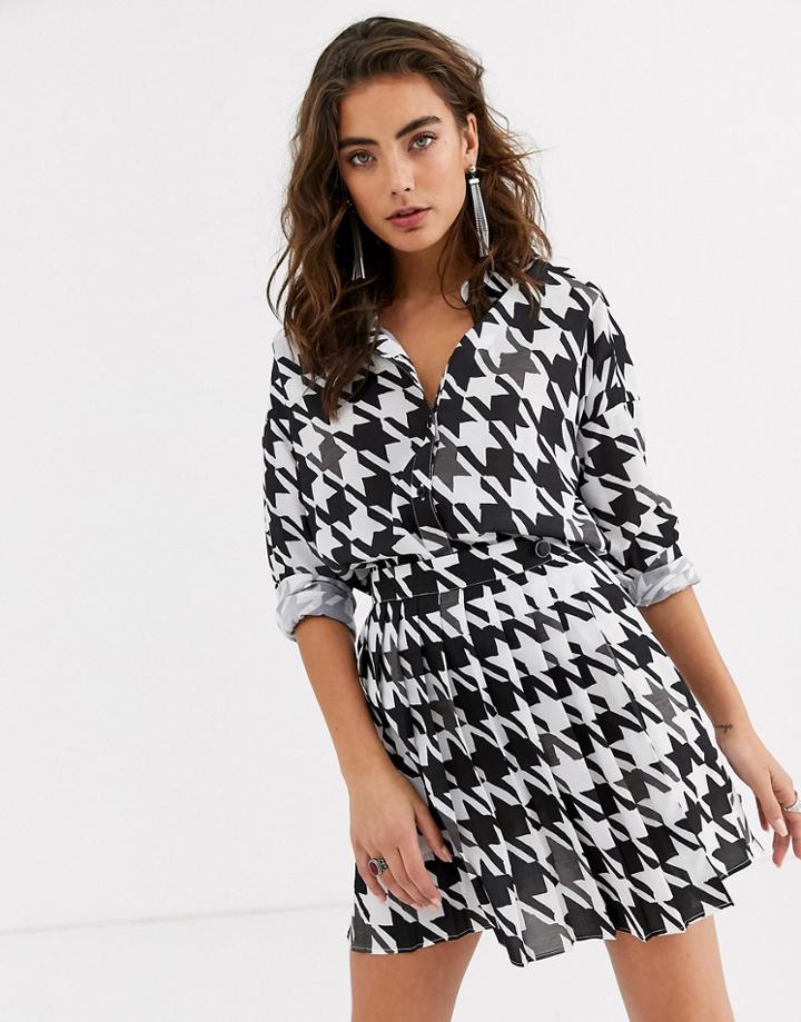 Asos Design Long Sleeve Oversized Shirt In Mono Dogstooth Print Two-piece