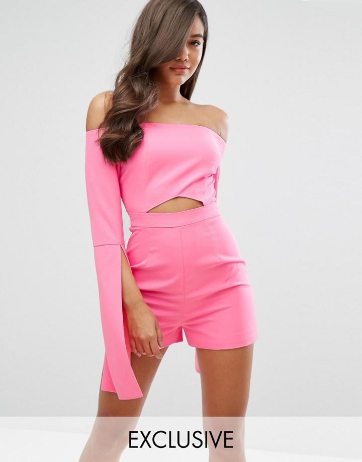 Dark Pink Cut Out Romper With Oversize Sleeves - Pink