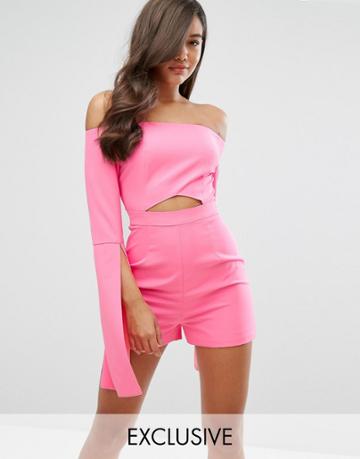 Dark Pink Cut Out Romper With Oversize Sleeves - Pink