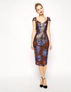 Asos Foiled Jacquard Hitchcock Dress With Cap Sleeve - Multi