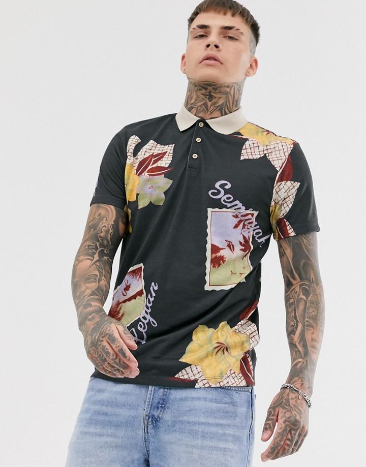 Asos Design Polo With All Over Postcard Print And Contrast Collar - Black