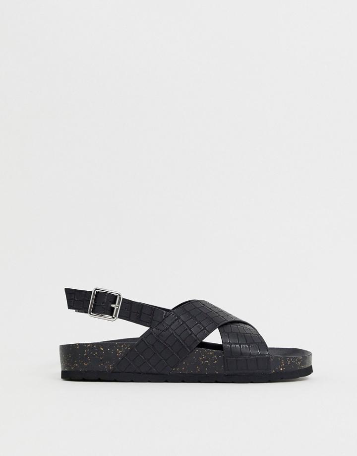 London Rebel Croc Sling Back Flat Sandals - Black