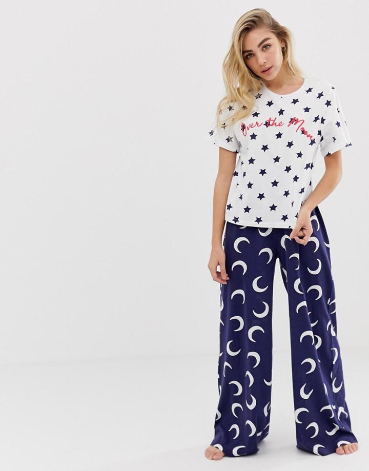 Asos Design Over The Moon Tee & Wide Leg Pyjama Set - Multi