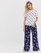 Asos Design Over The Moon Tee & Wide Leg Pyjama Set - Multi