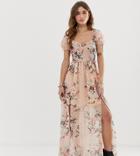 Sisters Of The Tribe Petite Ruched Top Maxi Dress In Floral-beige