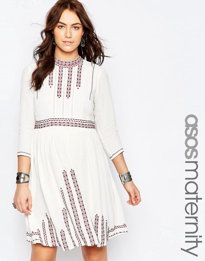 Asos Maternity Embroidered Pretty Folk Skater Dress - Cream