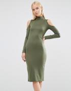 Club L Cold Shoulder Bodycon Dress With Zip Detail - Green