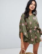 Anmol Oversized Beach Romper With Floral Embroidery - Green