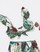 Missguided Frill Detail Tie Front Bikini Top In Floral Print-multi