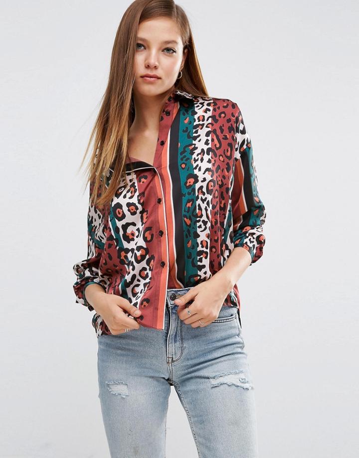 Asos Satin Shirt In Stripe Animal Print - Multi