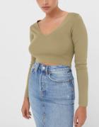 Stradivarius Knitted Ribbed V-neck Top In Khaki-green
