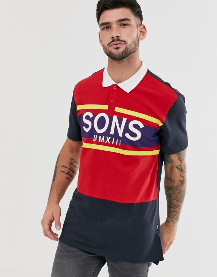 Only & Sons Large Logo Color Block Polo In Red