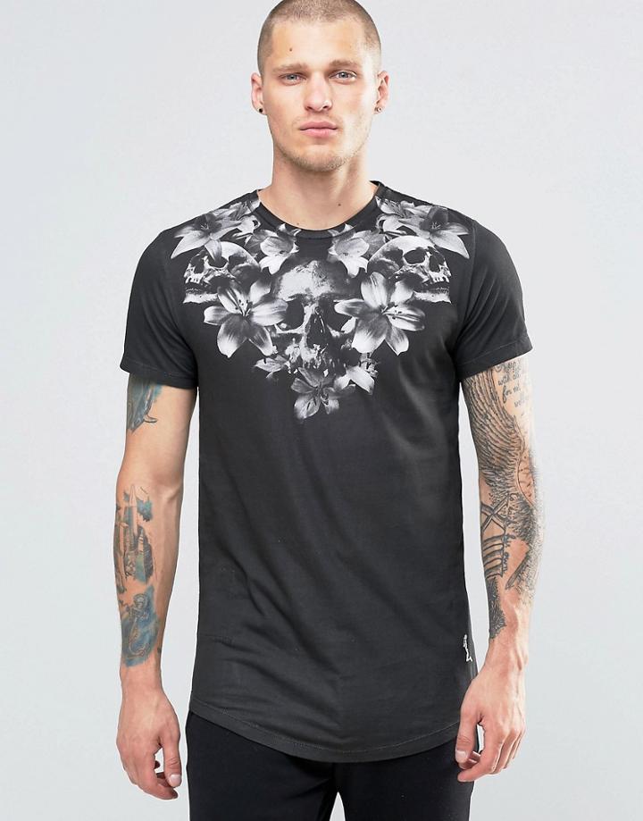 Religion T-shirt With Floral Skull Chest Print - Black