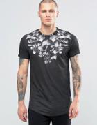 Religion T-shirt With Floral Skull Chest Print - Black