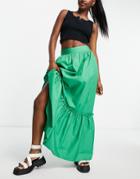 Topshop Linen Tiered Maxi Skirt In Green - Part Of A Set