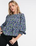 New Look Peplum Blouse In Blue Floral Print-blues