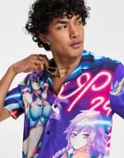 Asos Design Relaxed Revere Manga Placement Print Shirt-blues