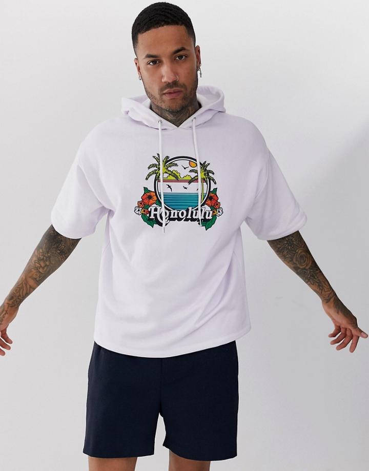 Asos Design Short Sleeve Oversized Hoodie With Honolulu Print-white