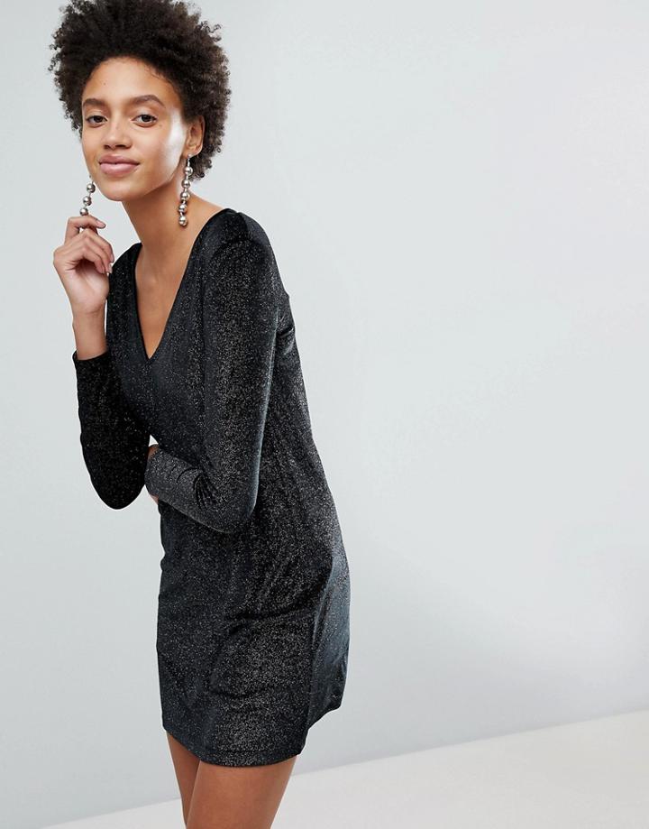 Stradivarius Puff Shoulder Glitter Dress - Black