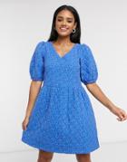 Vero Moda Quilted Smock Dress With Puff Sleeve In Ditsy Blue-multi
