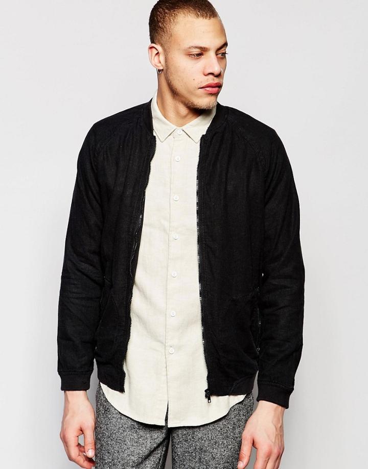 Pull & Bear Bomber Jacket In Linen Black - Black