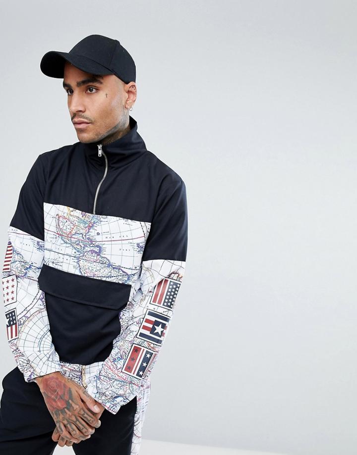 Jaded London Overhead Windbreaker Jacket In Black With Map Print - Black