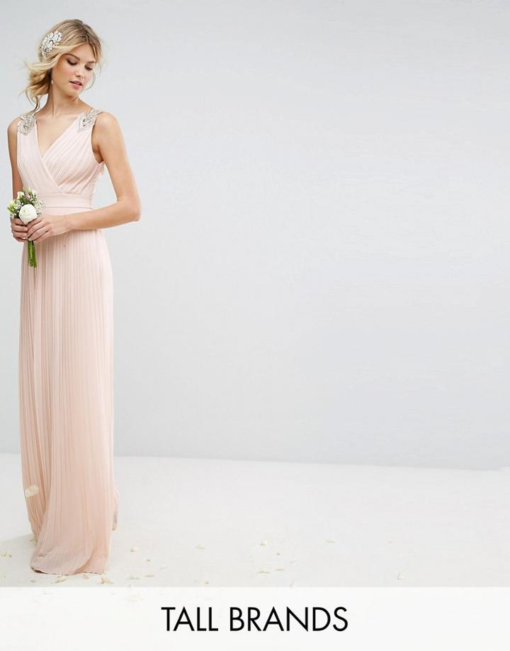 Tfnc Tall Pleated Maxi Dress With Embellished Shoulder - Pink