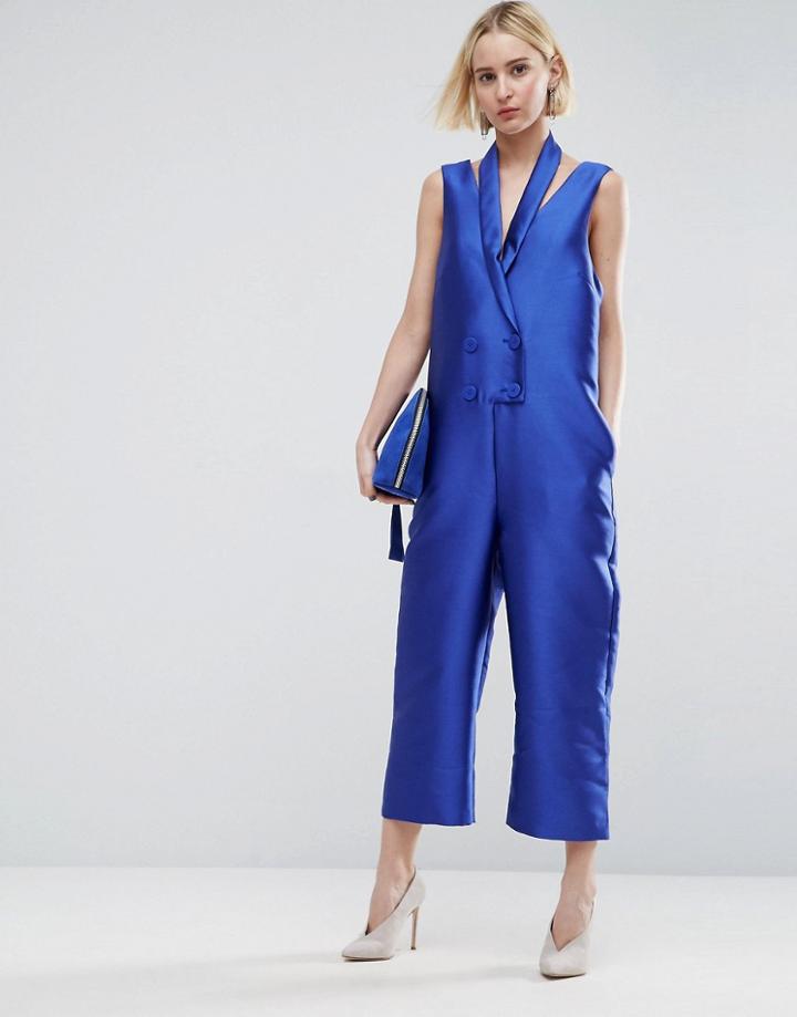 Asos White Tuxedo Collar Sleeveless Jumpsuit - Blue