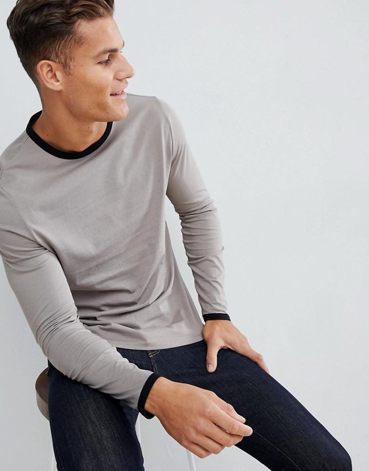 Asos Design Long Sleeve T-shirt With Contrast Ringer In Beige - Beige