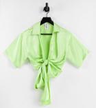 Collusion Wrap Crop Satin Shirt With Tie Detail In Green-white