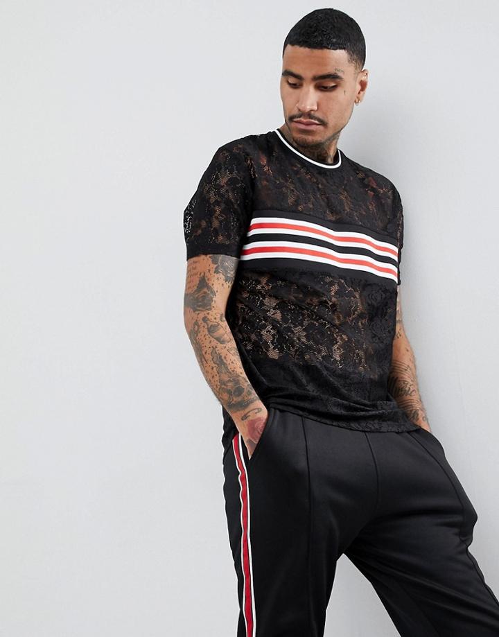 Asos Relaxed Longline T-shirt In Lace With Rib Insert And Tipping - Black