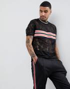 Asos Relaxed Longline T-shirt In Lace With Rib Insert And Tipping - Black