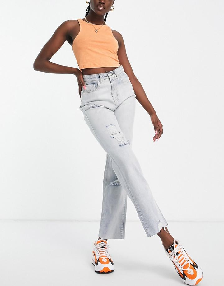 Rebellious Fashion Washed Distressed Straight Leg Jeans Blue Bleach