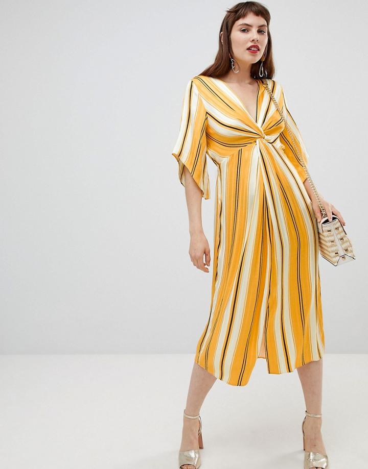 River Island Smock Midi Dress With Knot Detail In Stripe-yellow
