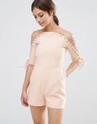 Lavish Alice Lace Up Sleeve Romper - Beige