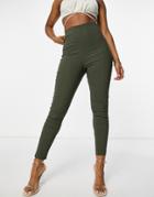 Asos Design High Waist Skinny Fit Pants In Khaki-green
