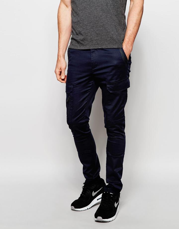 Asos Super Skinny Pants With Zip Cargo Pockets In Navy - Navy